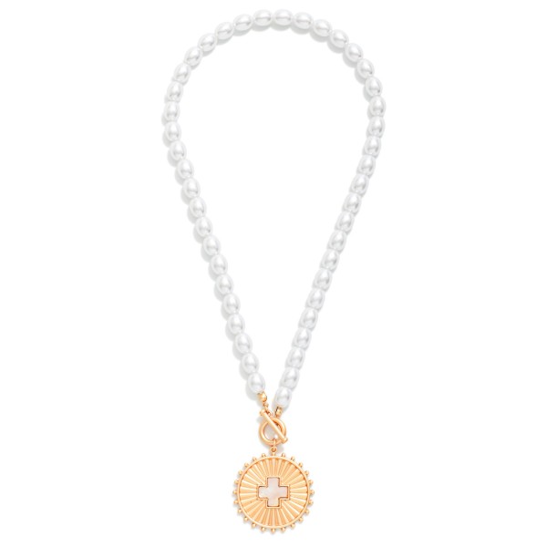 Pearl Beaded Necklace Featuring Medallion & Pearlescent Plus Cross Pendant 

- Approximately 16" L