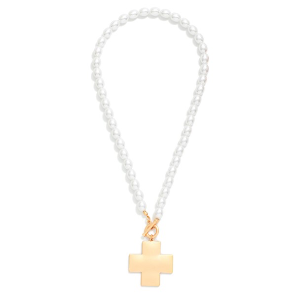 Oval Pearl Beaded Necklace Featuring Metal Tone Plus Cross & Toggle Clasp Pendant 

- Approximately 16" L