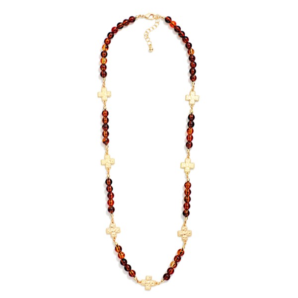 Tortoise Acetate Bead Beaded Necklace Featuring Hammered Metal Plus Cross Stations 

- Approximately 24" L
- Extender 3" L