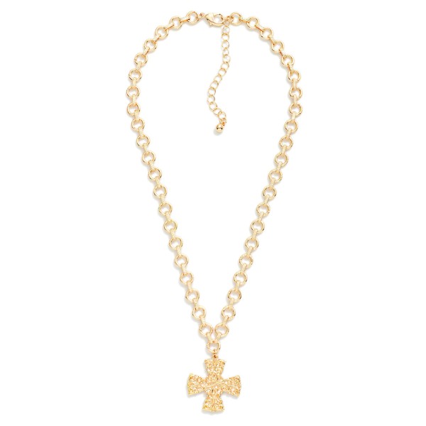 Circle Link Chain Link Necklace Featuring Metal Tone Baroque Plus Cross Pendant 

- Approximately 16" L
- Extender 3" L

