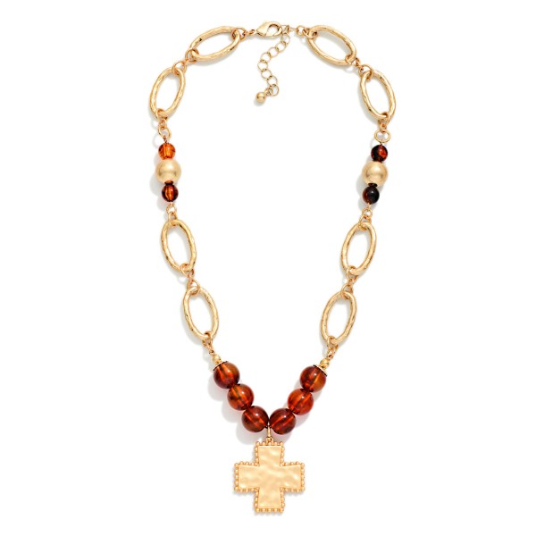 Marbled Acetate Bead & Oval Link Necklace Featuring Hammered Metal Plus Cross Pendant 

- Approximately 14" L
- Extender 3" L