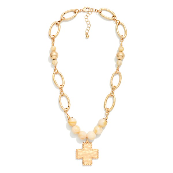 Marbled Acetate Bead & Oval Link Necklace Featuring Hammered Metal Plus Cross Pendant 

- Approximately 14" L
- Extender 3" L