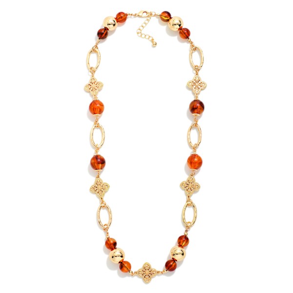 Hammered Metal Oval Link & Acetate Bead Necklace Featuring Filigree Clover Stations 

- Approximately 22" L