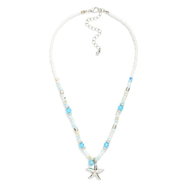 Stone Beaded Necklace with Faceted Bead Stations & Metal Tone Starfish Pendant 

- Approximately 14" L
- Extender 3" L