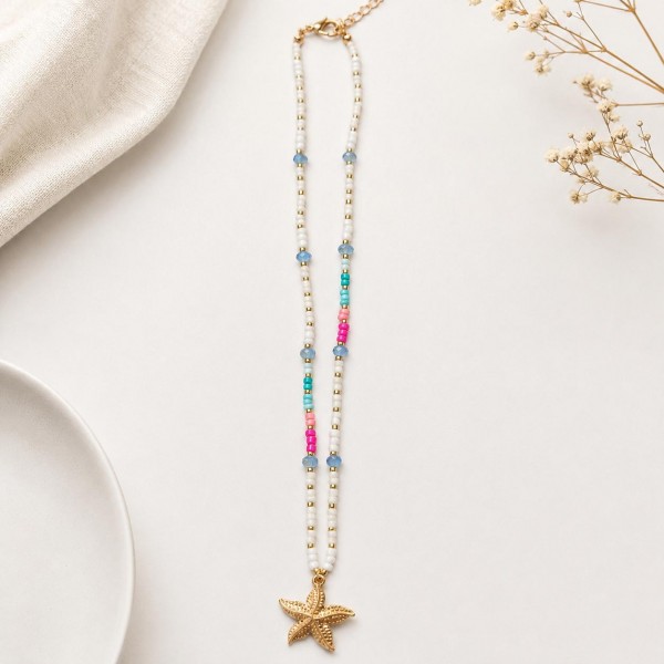 Seed Bead & Pearl Beaded Necklace Featuring Metal Tone Starfish Pendant 

- Approximately 16" L
- Extender 3" L