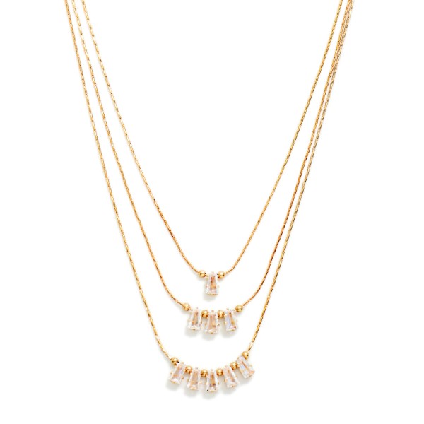 Layered Box Chain Necklace Featuring Baguette Cut Cubic Zirconia Details

- Approximately 16" L
- Extender 3" L