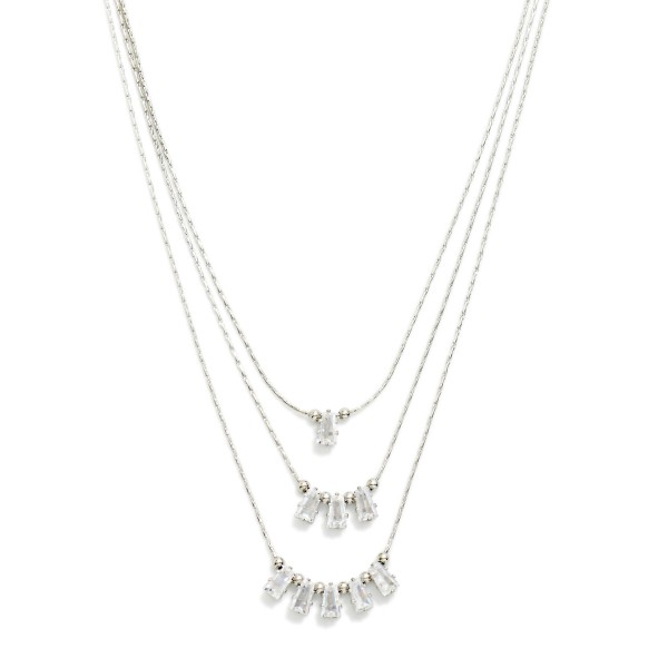Layered Box Chain Necklace Featuring Baguette Cut Cubic Zirconia Details

- Approximately 16" L
- Extender 3" L