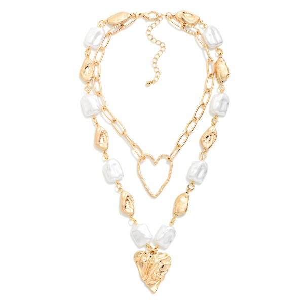 Layered Chain Link Necklace With Flat Pearl & Nugget Stations Featuring Heart Pendants 

- Approximately 12-18" L
