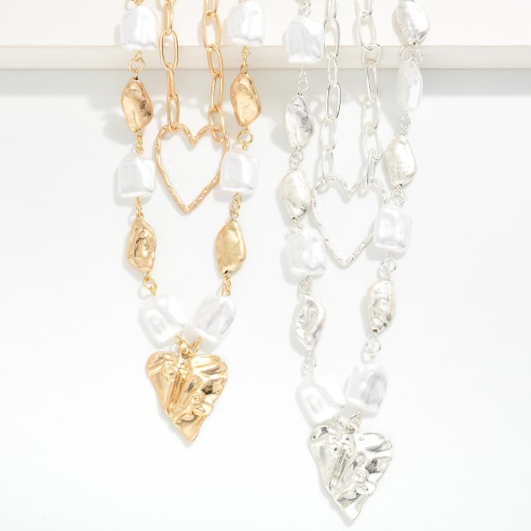 Layered Chain Link Necklace With Flat Pearl & Nugget Stations Featuring Heart Pendants 

- Approximately 12-18" L
