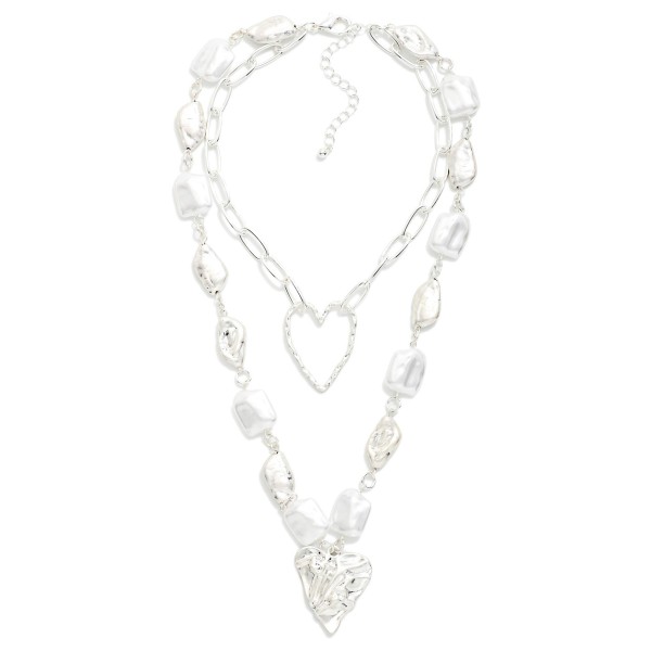 Layered Chain Link Necklace With Flat Pearl & Nugget Stations Featuring Heart Pendants 

- Approximately 12-18" L
