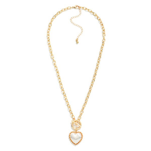Chain Link Necklace Featuring Two Tone Puffy Ribbed Heart Pendant 

- Approximately 18" L