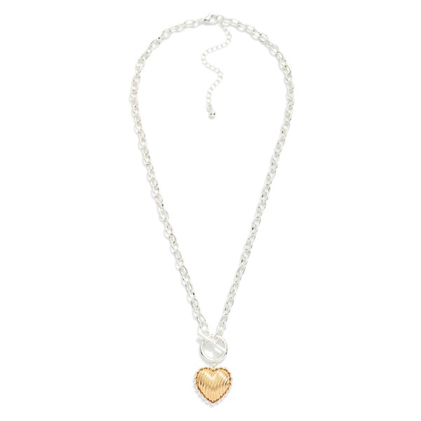 Chain Link Necklace Featuring Two Tone Puffy Ribbed Heart Pendant 

- Approximately 18" L
