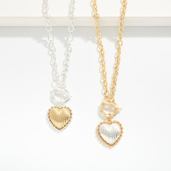 Chain Link Necklace Featuring Two Tone Puffy Ribbed Heart Pendant 

- Approximately 18" L