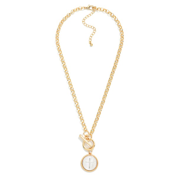 Circle Link Chain Link Necklace Featuring Two Tone Cross Medallion & Toggle Clasp 

- Approximately 18" L