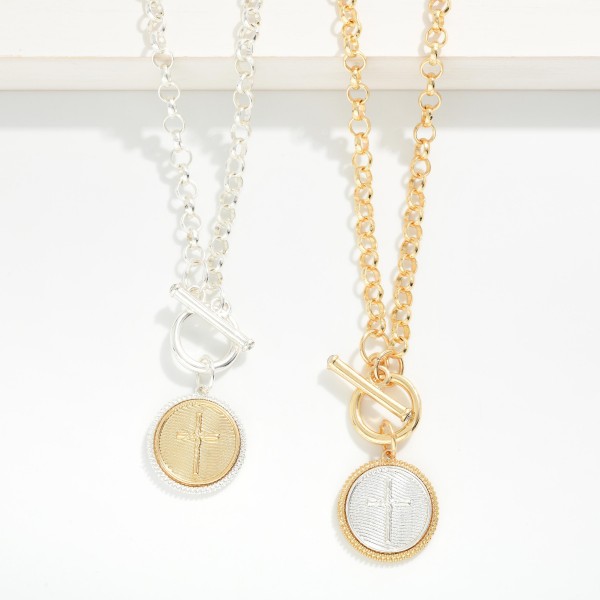 Circle Link Chain Link Necklace Featuring Two Tone Cross Medallion & Toggle Clasp 

- Approximately 18" L