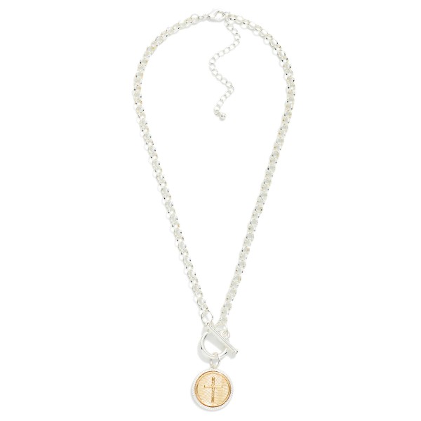 Circle Link Chain Link Necklace Featuring Two Tone Cross Medallion & Toggle Clasp 

- Approximately 18" L