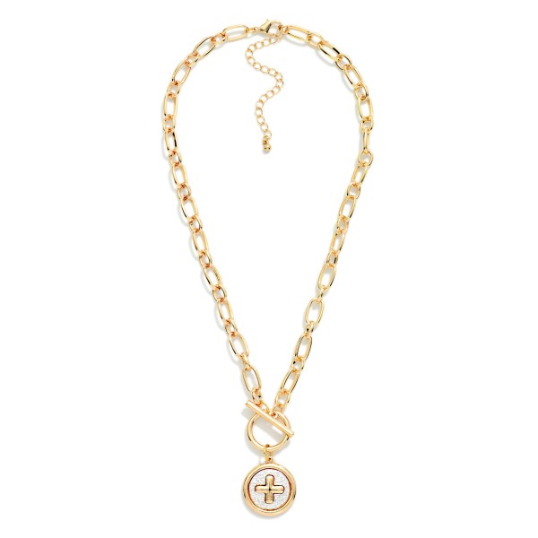 Chain Link Necklace Featuring Two Tone Plus Cross Medallion & Toggle Clasp 

- Approximately 18" L