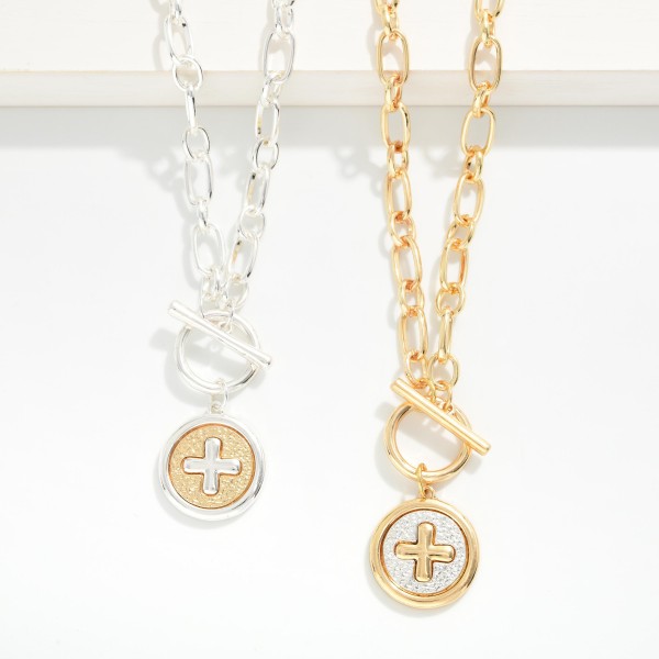 Chain Link Necklace Featuring Two Tone Plus Cross Medallion & Toggle Clasp 

- Approximately 18" L