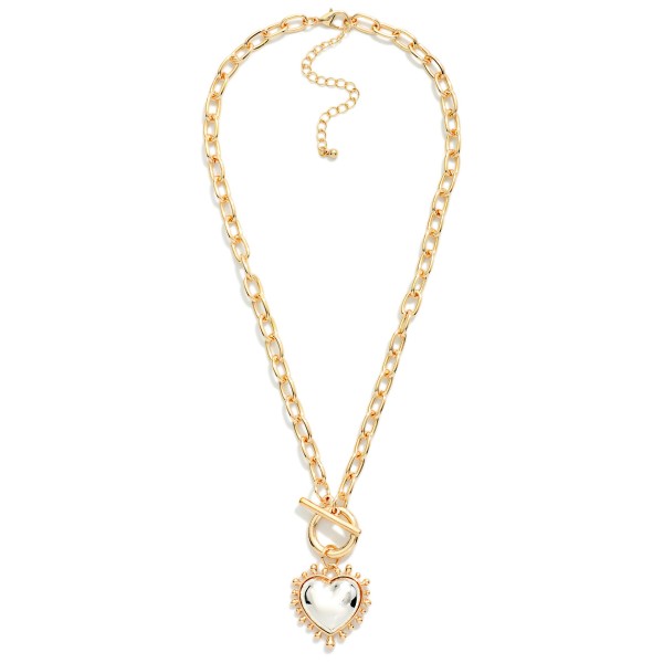 Chain Link Necklace Featuring Two Tone Studded Heart Pendant 

- Approximately 18" L