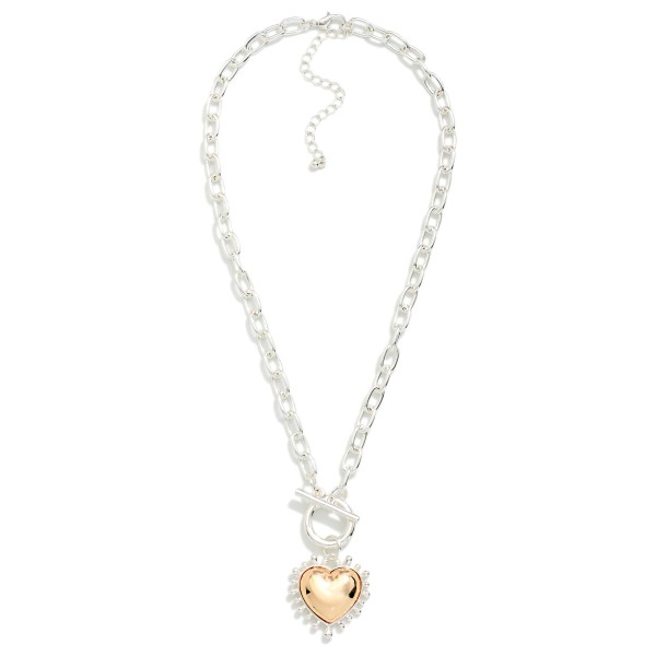 Chain Link Necklace Featuring Two Tone Studded Heart Pendant 

- Approximately 18" L