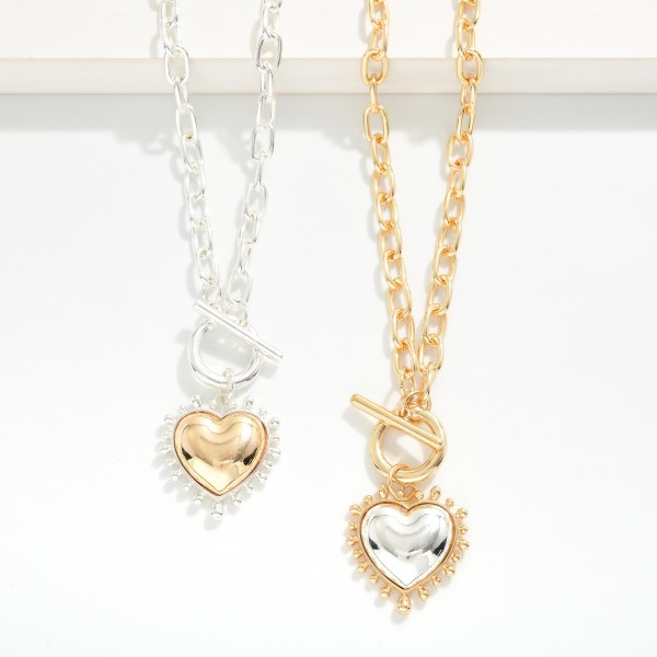 Chain Link Necklace Featuring Two Tone Studded Heart Pendant 

- Approximately 18" L