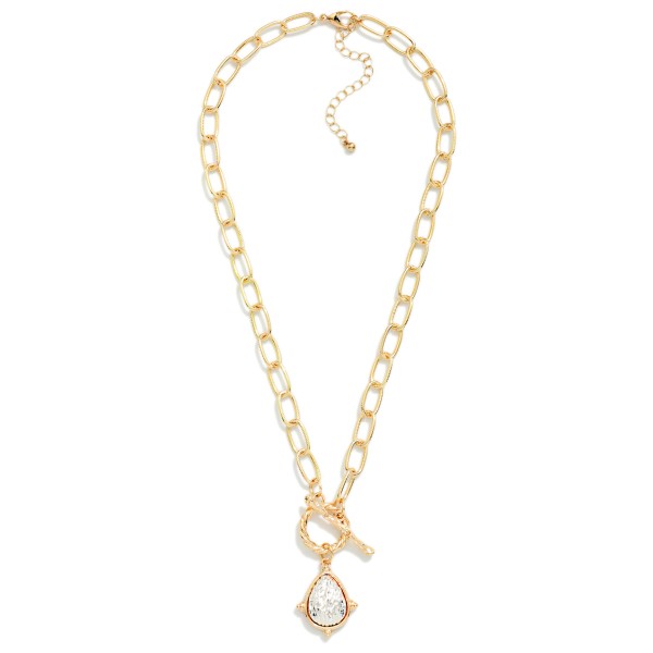Ribbed Link Chain Link Necklace Featuring Textured Two Tone Teardrop Pendant & Metal Tone Branch Toggle Clasp Detail 

- Approximately 18" L