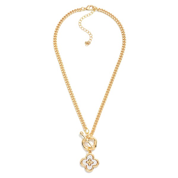 Flat Chain Link Necklace Featuring Two Tone Clover Medallion & Toggle Clasp 

- Approximately 18" L