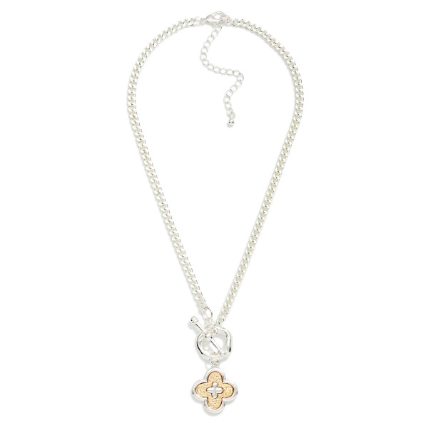 Flat Chain Link Necklace Featuring Two Tone Clover Medallion & Toggle Clasp 

- Approximately 18" L