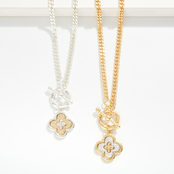 Flat Chain Link Necklace Featuring Two Tone Clover Medallion & Toggle Clasp 

- Approximately 18" L