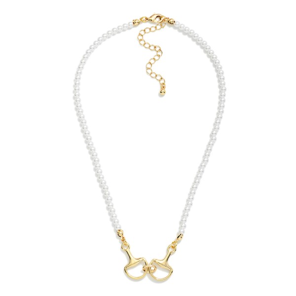 Pearl Beaded Necklace Featuring Metal Tone Horsebit Stationary Pendant 

- Gold Dipped
- Approximately 16" L
- Extender 3" L