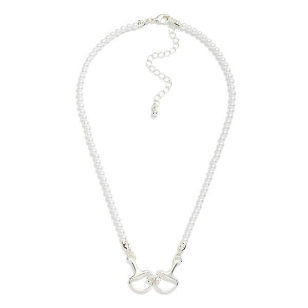 Pearl Beaded Necklace Featuring Metal Tone Horsebit Stationary Pendant 

- Gold Dipped
- Approximately 16" L
- Extender 3" L