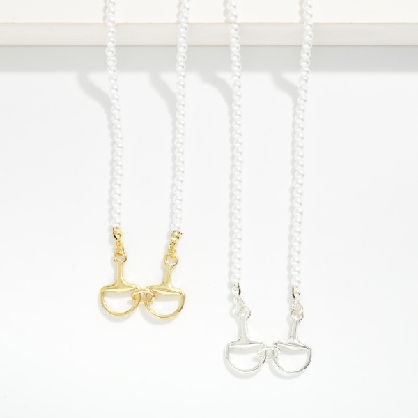Pearl Beaded Necklace Featuring Metal Tone Horsebit Stationary Pendant 

- Gold Dipped
- Approximately 16" L
- Extender 3" L