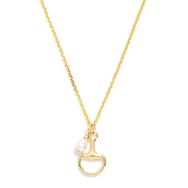 Chain Link Necklace Featuring Metal Told Horsebit & Pearl Pendant 

- Gold Dipped
- Approximately 16" L
- Extender 3" L