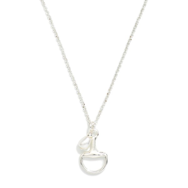 Chain Link Necklace Featuring Metal Told Horsebit & Pearl Pendant 

- Gold Dipped
- Approximately 16" L
- Extender 3" L