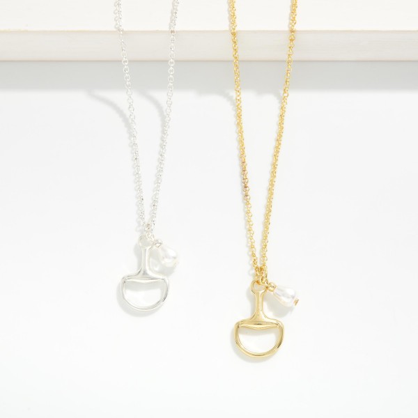 Chain Link Necklace Featuring Metal Told Horsebit & Pearl Pendant 

- Gold Dipped
- Approximately 16" L
- Extender 3" L