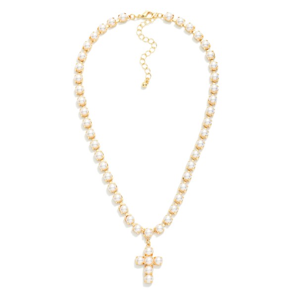 Linked Prong Set Pearls Necklace With Pearl Cross Pendant 

- Gold Dipped 
- Approximately 15" L
- Extender 3" L