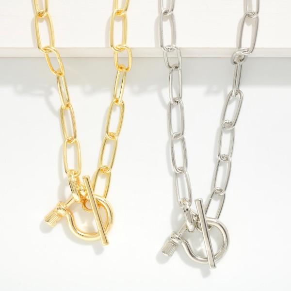 Paperclip Chain Link Necklace With Anchor Shackle Lock Pendant 

- Gold Dipped
- Approximately 18" L