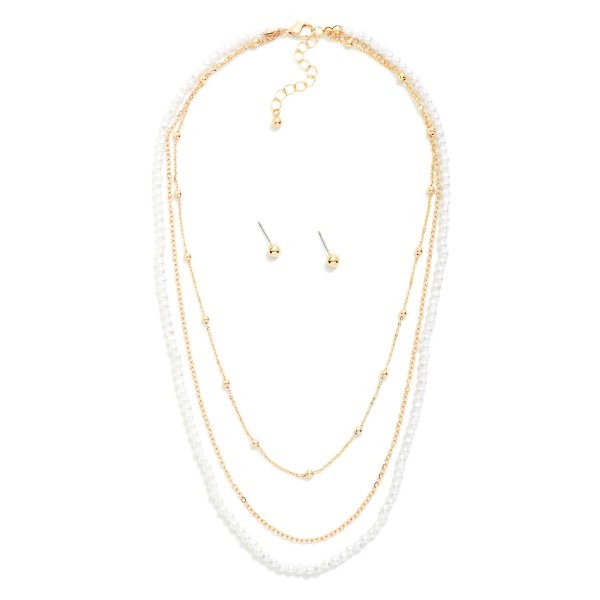 Layered Chain Link & Pearl Beaded Necklace 

- Metal Tone Ball Stud Earrings Included 
- Approximately 16" L
- Extender 3" L
