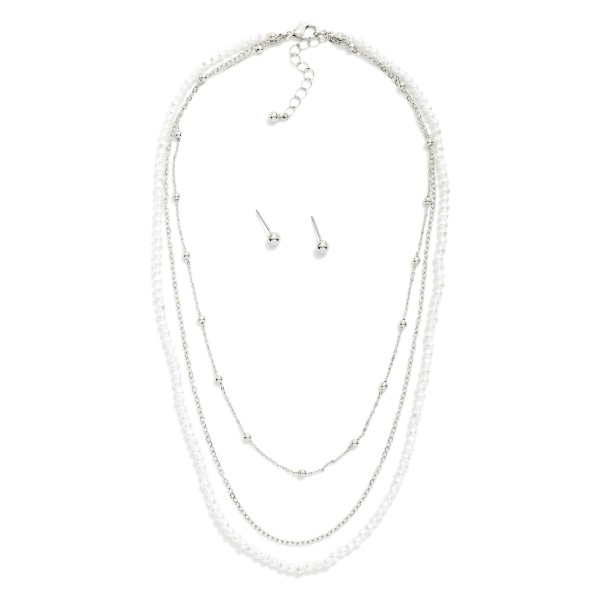 Layered Chain Link & Pearl Beaded Necklace 

- Metal Tone Ball Stud Earrings Included 
- Approximately 16" L
- Extender 3" L
