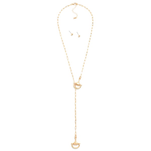Chain Link Y Necklace Featuring Horsebit Details 

- Metal Tone Ball Stud Earrings 
- Approximately 26" L
