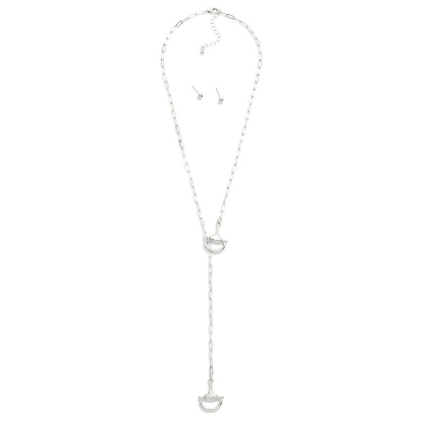 Chain Link Y Necklace Featuring Horsebit Details 

- Metal Tone Ball Stud Earrings 
- Approximately 26" L
