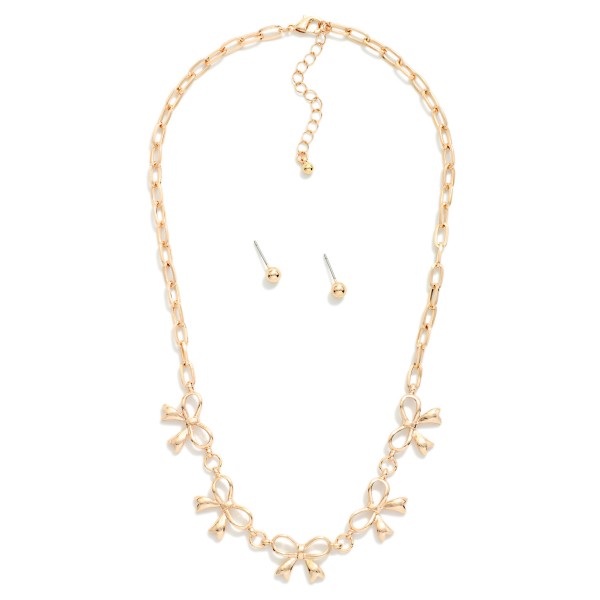 Chain Link Necklace Featuring Metal Tone Bow Stations 

- Metal Tone Ball Studs Included 
- Approximately 14" L
- Extender 3" L