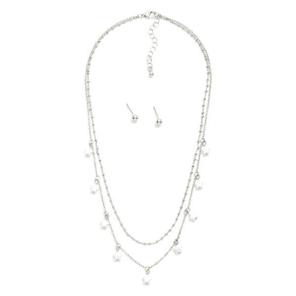 Layered Chain Link Necklace Featuring Pearl Heart Charms 

- Metal Tone Ball Studs Included 
- Approximately 16" L
- Extender 3" L