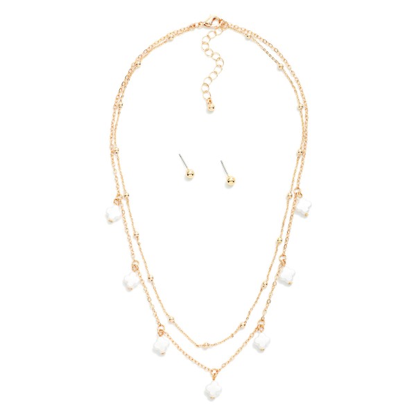 Layered Chain Link Necklace Featuring Pearl Clover Charms

- Metal Tone Ball Stud Earrings Included
- Approximately 16" L
- Extender 3" L
