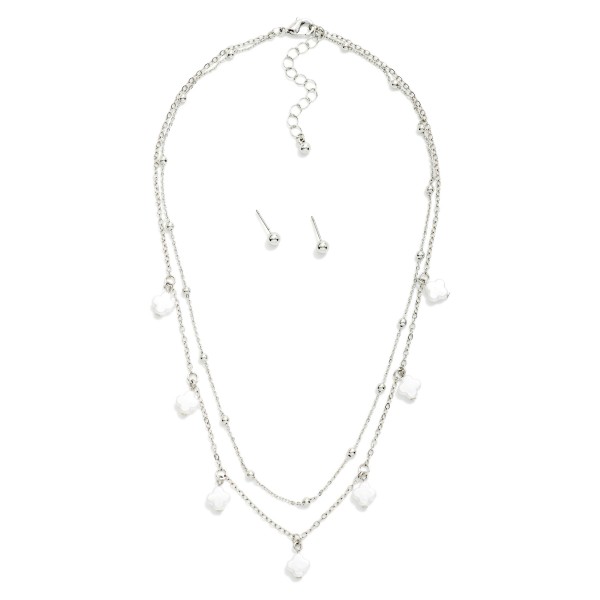 Layered Chain Link Necklace Featuring Pearl Clover Charms

- Metal Tone Ball Stud Earrings Included
- Approximately 16" L
- Extender 3" L