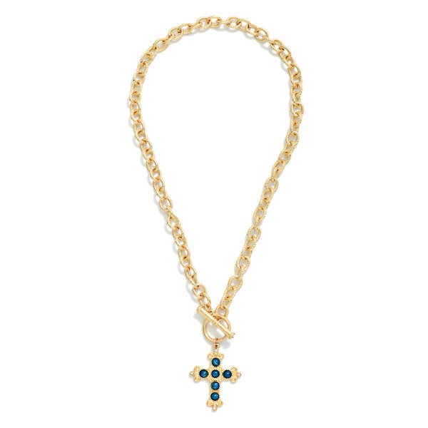 Twisted Link Chain Link Necklace Featuring Metal Tone Baroque Cross & Acetate Stone Pendant 

- Approximately 16" L
