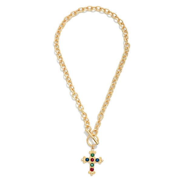 Twisted Link Chain Link Necklace Featuring Metal Tone Baroque Cross & Acetate Stone Pendant 

- Approximately 16" L
