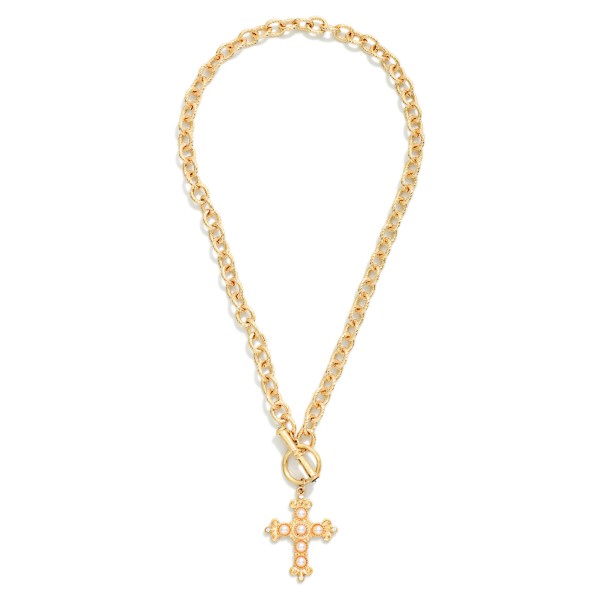 Twisted Link Chain Link Necklace Featuring Metal Tone Baroque Cross & Acetate Stone Pendant 

- Approximately 16" L
