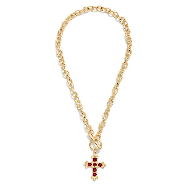 Twisted Link Chain Link Necklace Featuring Metal Tone Baroque Cross & Acetate Stone Pendant 

- Approximately 16" L

