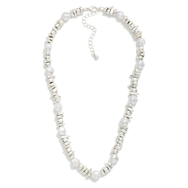 Metal Tone Nugget Bead Beaded Necklace featuring Pearl Stations 

- Approximately 16" L
- Extender 3" L